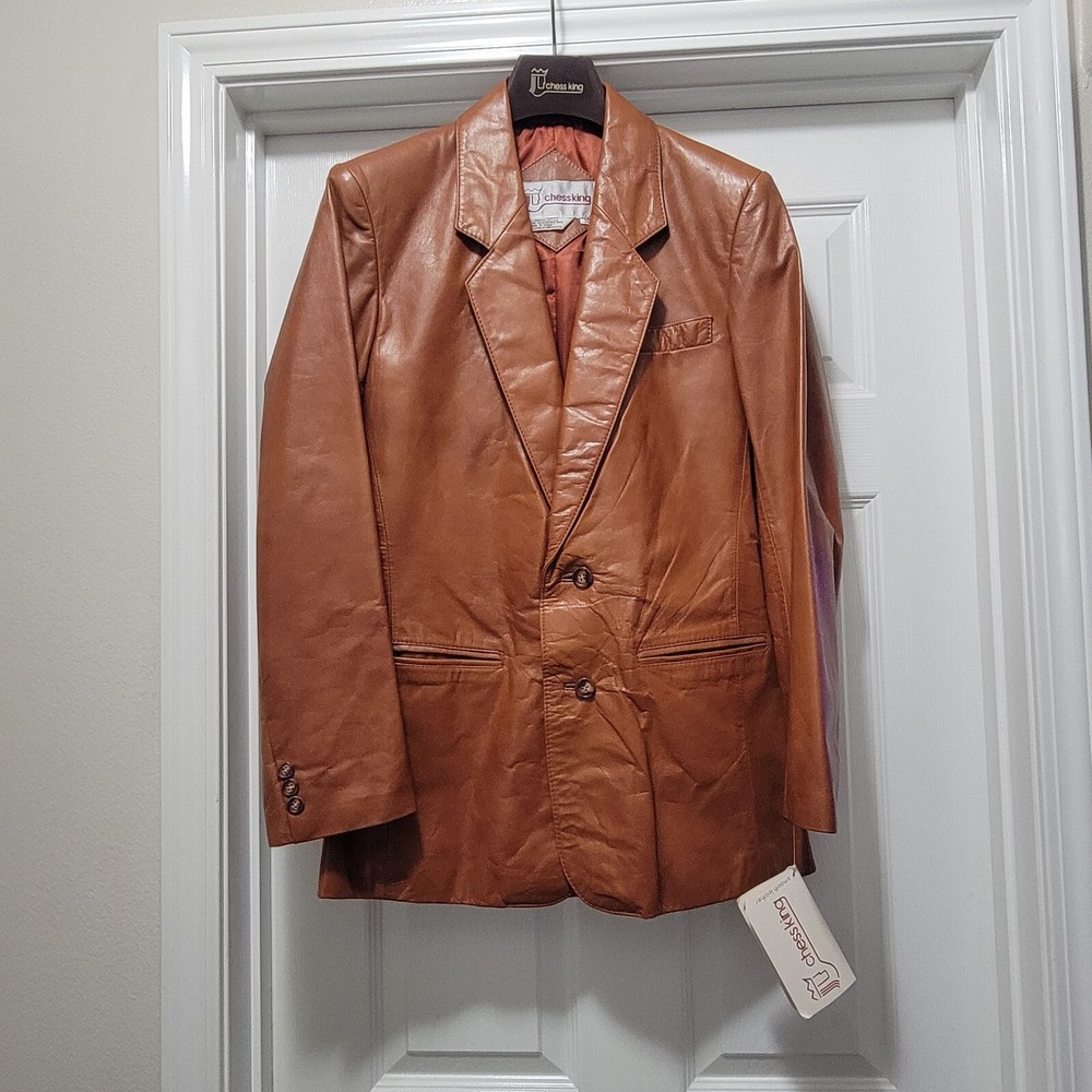 VTG New‎ CHESS KING 70's Leather Blazer Jacket Brown Hipster Fight Club Men's 36